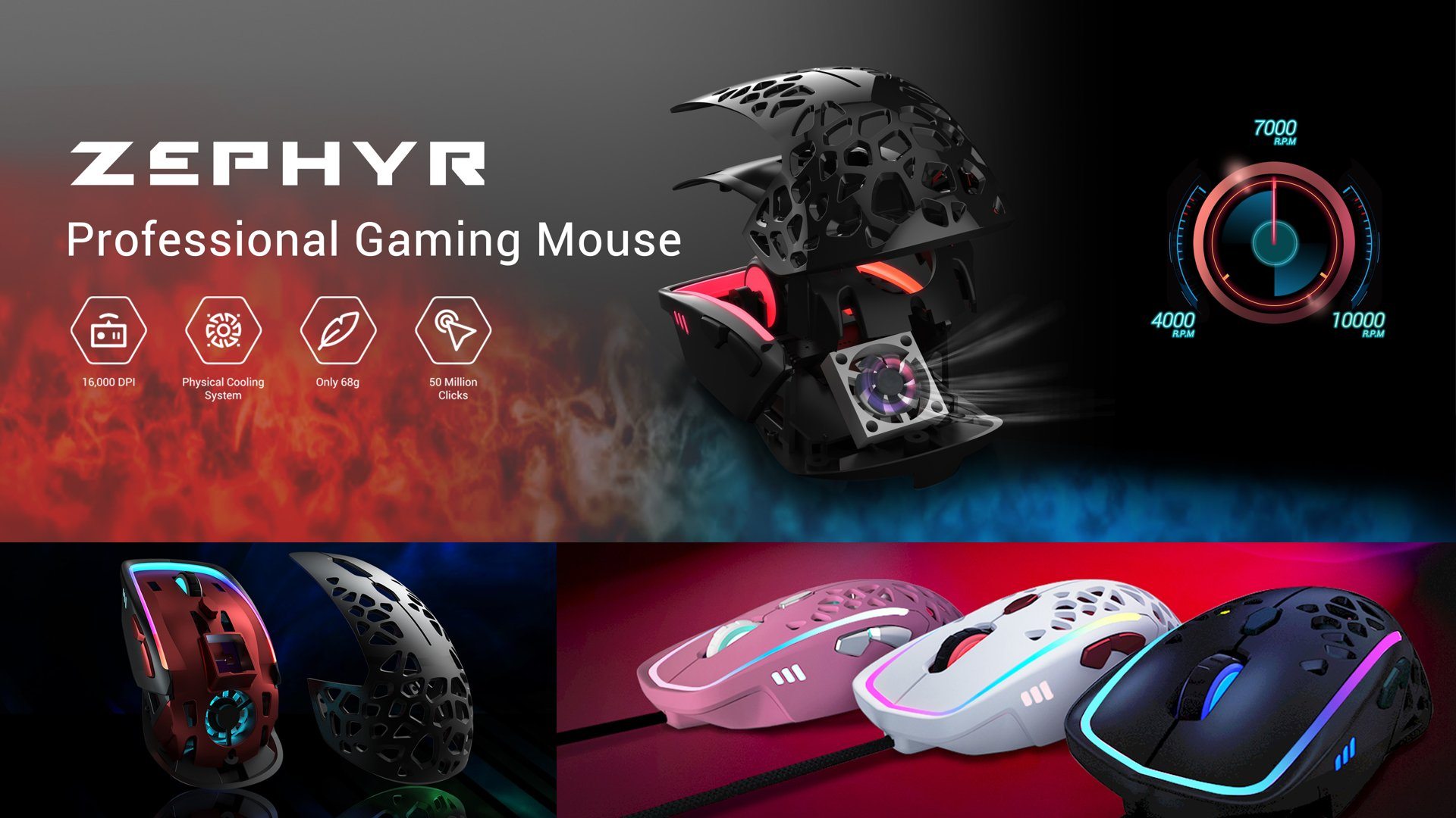 Zephyr Ultra Lightweight Gaming Mouse Adjustable Cooling System