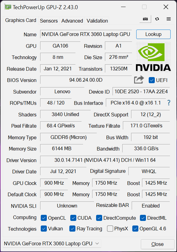 ThinkPad X1 Extreme Gen 4i - TechPowerUp GPU - NVIDIA RTX 3060