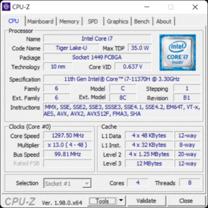 IdeaPad Gaming 3 - CPU-Z - Intel Core i7 11th Gen 11370H