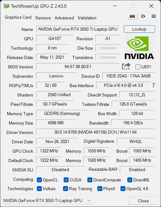 IdeaPad Gaming 3 - TechPowerUp GPU-Z - NVIDIA RTX 3050 Ti