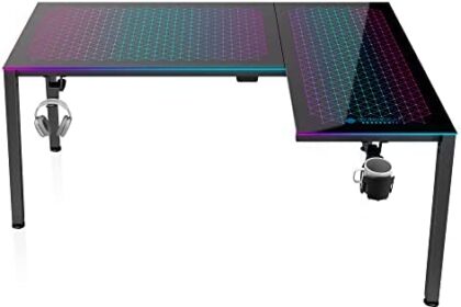 Eureka ergonomic 60" l shaped rgb led gaming desk, smart music sync lights up tempered glass gtg l60 reversible home office corner computer studio table gift w cup headset socket holder, app control