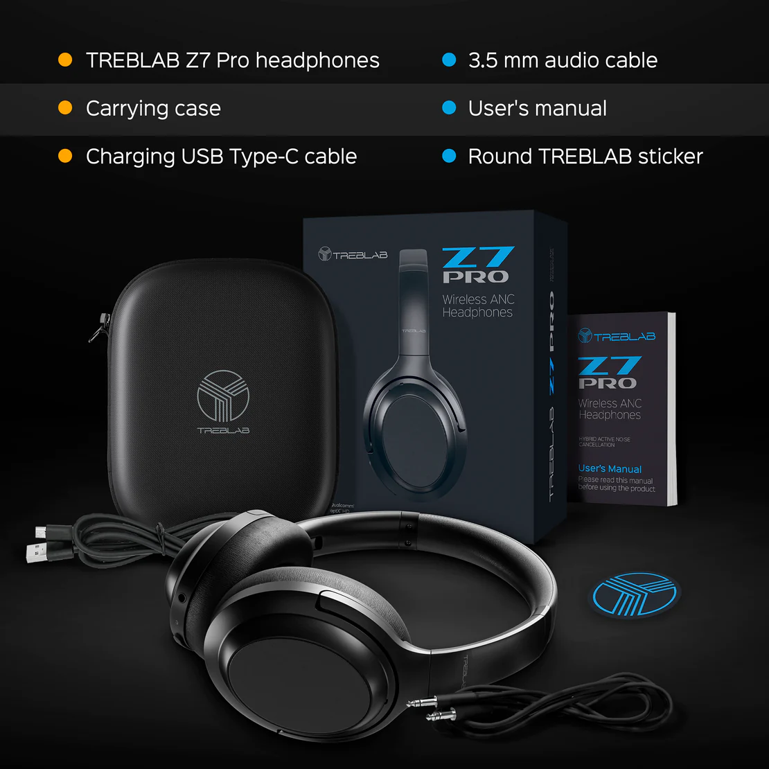 TREBLAB Z7 PRO - Hybrid Active Noise Cancelling Headphones - Pure aptX-HD Stereo Sound - 45H Playtime & USB-C Fast Charging - Over Ear Wireless Bluetooth Headphones with Mic, ANC Touch Control (Grey)