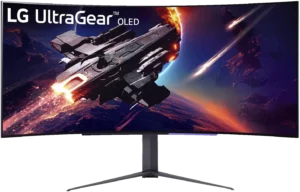 LG UltraGear 45-inch curved OLED gaming monitor displaying game