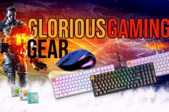 Glorious PC Gaming Race product overview featuring Model O Wireless, Model I 2 Wireless, Elements Ice and Fire mousepads, and GMMK Pro modular mechanical keyboard.