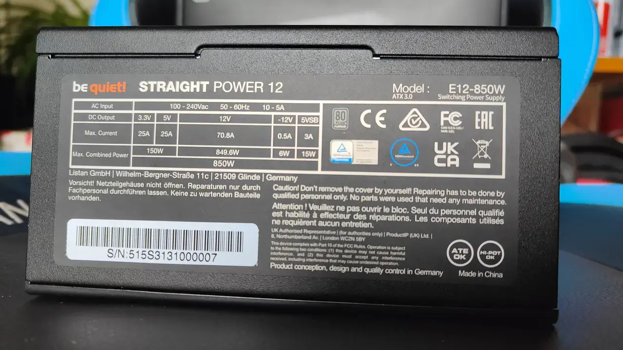 Specification label on the be quiet! Straight Power 12 850W PSU listing details like wattage, rail amps, and protections