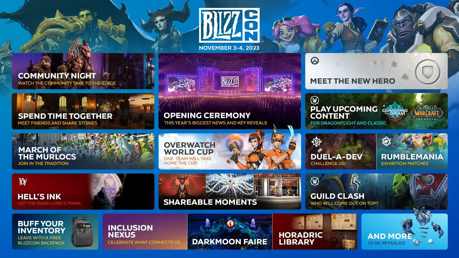 BlizzCon 2023 schedule and map with events like Overwatch tournament, WoW exhibit, panels, costume contest and gaming areas highlighted