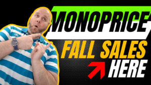 Monoprice fall sale featuring discounted electronics, cables, gaming accessories, audio equipment, and more laid out on a table.