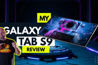 Featured image for 'My Galaxy Tab S9 Review,' showing the Samsung Galaxy Tab S9 tablet with the author providing a visual overview.