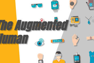 The augmented human - woman with augmented reality glasses and other wearable technology indicating the future innovations in AI, sensors, and connectivity.