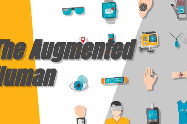 The augmented human - woman with augmented reality glasses and other wearable technology indicating the future innovations in ai, sensors, and connectivity.
