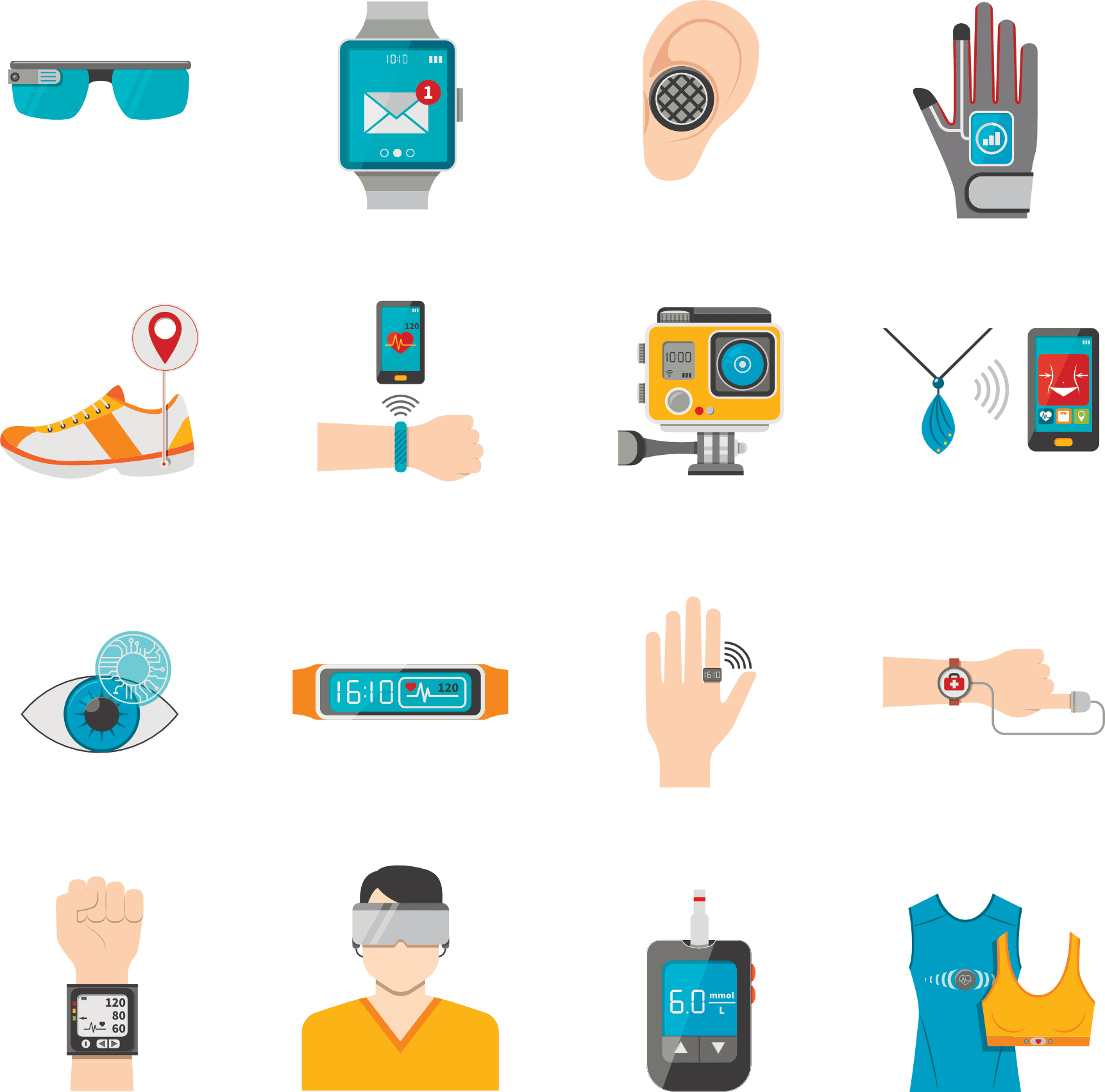 A variety of wearable technology devices including smartwatches, augmented reality glasses, health monitoring patches, earbuds, virtual reality headsets, and smart rings. These wearables represent innovations in connectivity, sensors, machine learning, and human-computer interaction.