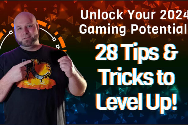 Hero banner with text 'unlock your 2024 gaming potential: 28 tips & tricks to level up! ' for gaming tips and enhancing the gaming experience in 2024.