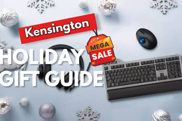 Assortment of kensington tech accessories and devices wrapped as holiday gifts including wireless keyboard, laptop stand, docking station, headphones, and trackball mouse on a festive red background