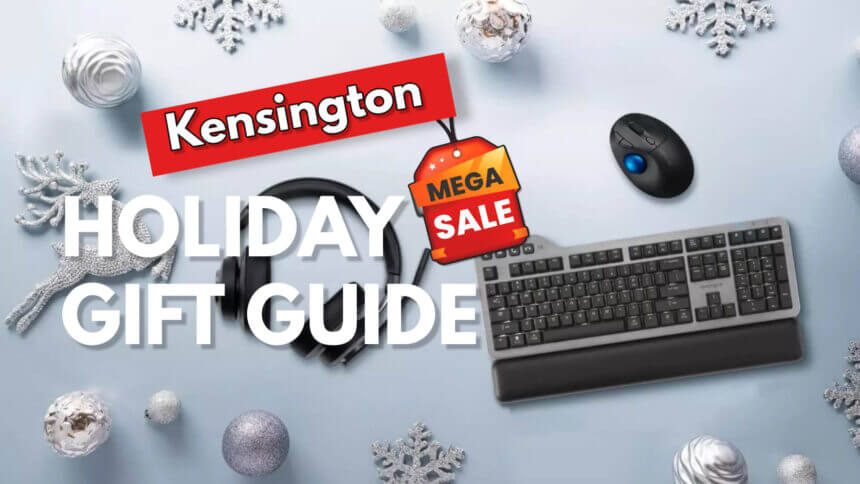 Assortment of Kensington tech accessories and devices wrapped as holiday gifts including wireless keyboard, laptop stand, docking station, headphones, and trackball mouse on a festive red background