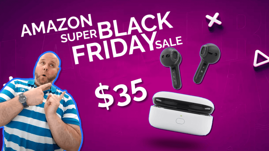 Martin Guay excitedly pointing at the Amazon Echo Buds wireless earbuds holiday deal for Black Friday 2023