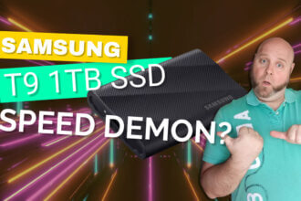 Tech influencer Martin Guay holds up a Samsung Portable SSD T9 drive next to text reading "Samsung T9 SSD - Speed Demon?" promoting review of the external SSD's transfer rate capabilities.