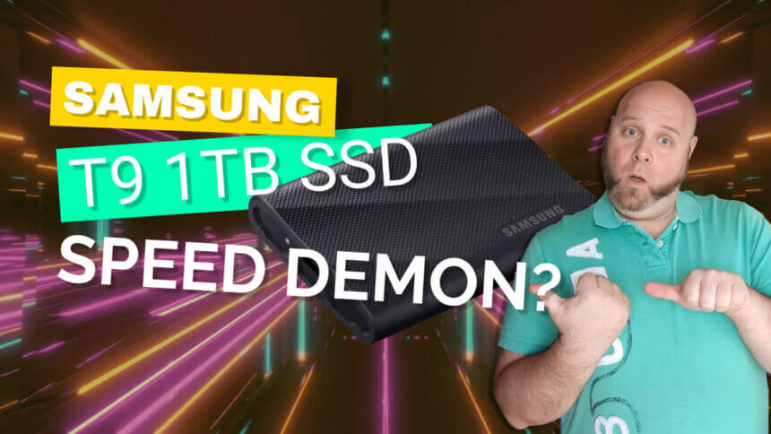 Tech influencer martin guay holds up a samsung portable ssd t9 drive next to text reading "samsung t9 ssd - speed demon? " promoting review of the external ssd's transfer rate capabilities.
