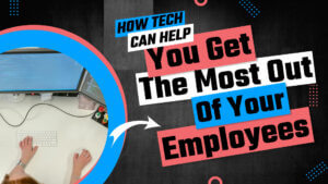 Various technology devices including laptops, tablets, and software shown increasing employee productivity in an office workspace