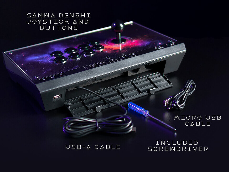 A focused gamer grips the Monoprice Dark Matter arcade fight stick controller during an intense virtual battle, maneuvering the quality Sanwa joystick and responsive buttons with skill and precision.