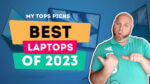 Photo collage of the top laptops of 2023 including the macbook air m2, macbook pro m3, lenovo slim 9i pro, asus zenbook 14x oled, rog zephyrus g14, legion slim 7, and razer blade 18