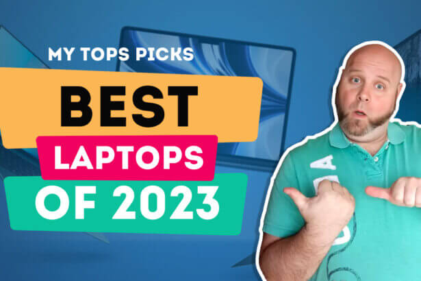 Photo collage of the top laptops of 2023 including the macbook air m2, macbook pro m3, lenovo slim 9i pro, asus zenbook 14x oled, rog zephyrus g14, legion slim 7, and razer blade 18