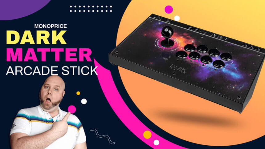 A fighting game enthusiast mid-match using the Monoprice Dark Matter arcade stick controller with focus and intensity. Quality Sanwa components allow quick reflexes and precise control.