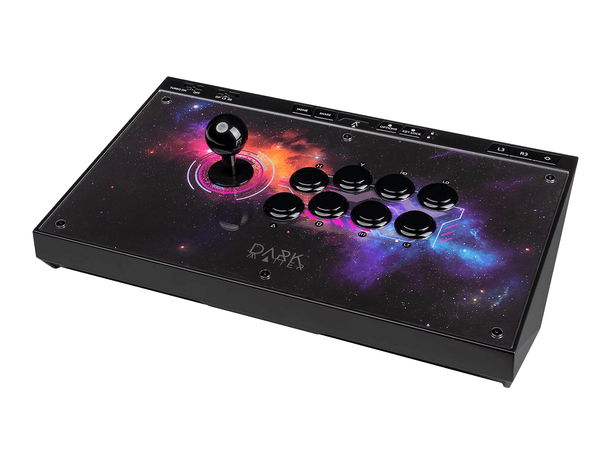 The Monoprice Dark Matter arcade fighting stick in action during an intense Street Fighter match. Its full-sized layout allows comfortable control while quality Sanwa buttons and joystick enable quick, precise inputs.