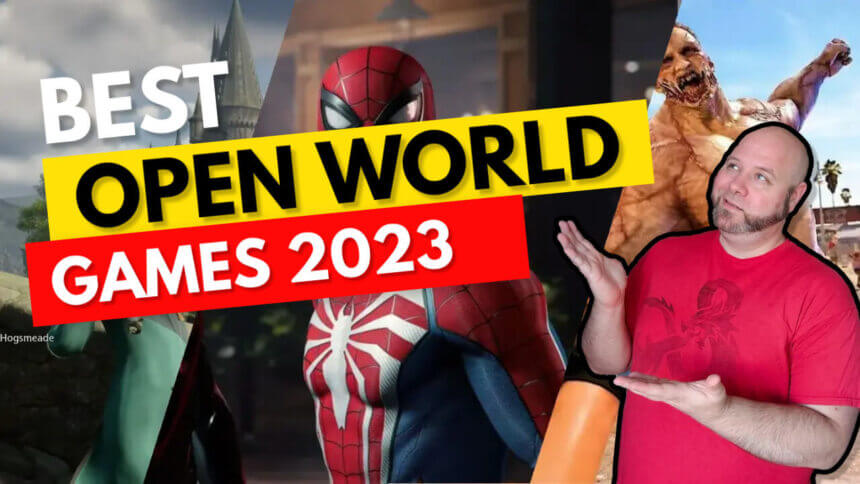 Top 10 most immersive open world video games of all time showing Grand Theft Auto 5, Cyberpunk 2077, Assassin's Creed 4 Black Flag, Marvel's Spider-Man 2, The Witcher 3 Wild Hunt, Elden Ring, Zelda Breath of the Wild, Hogwarts Legacy, Dead Island 2, and Assassin's Creed Mirage.