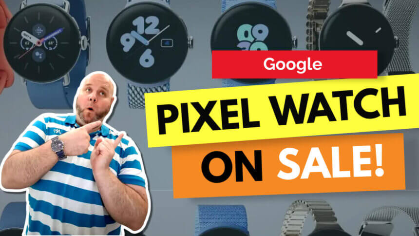 The google pixel watch and pixel buds in clearly visible on a white background, with the watch screen turned on showing the time and the buds placed next to each other.