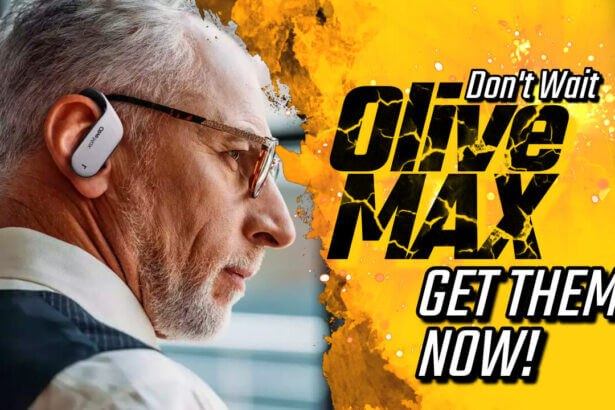 A man wearing olive max wireless earbud hearing aids - sleek white/black earbuds in ears. Earbuds have a wraparound your ear design.