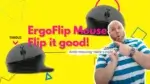 Reviewer pointing to Targus ErgoFlip mouse with Flip it good! text