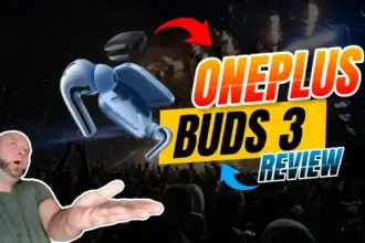 OnePlus Buds 3 wireless earbuds being tossed in the air with carrying case looking astounded.