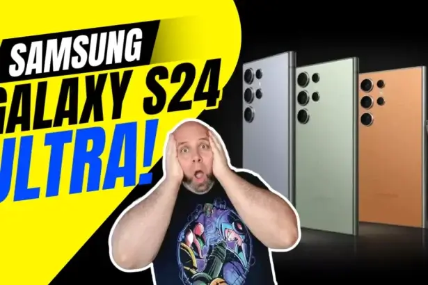 Samsung Galaxy S24 Ultra Review: The New Standard in Premium Smartphones | Smart Tech, Sharp Takes - CRYOVEX.com Samsung galaxy s24 ultra smartphone displayed on a platform with a person pointing excitedly and expressing surprise, showcasing the phone's design and functionality.