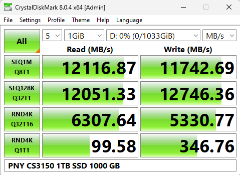 PNY CS3150 XLR8 1TB RGB Gen5 SSD: Unleash Your System's True Potential | Smart Tech, Sharp Takes - CRYOVEX.com Benchmark information from crystaldisk report on the pny cs3150 xlr8 1 tb gen 5 nvme - crystaldiskmark benchmark