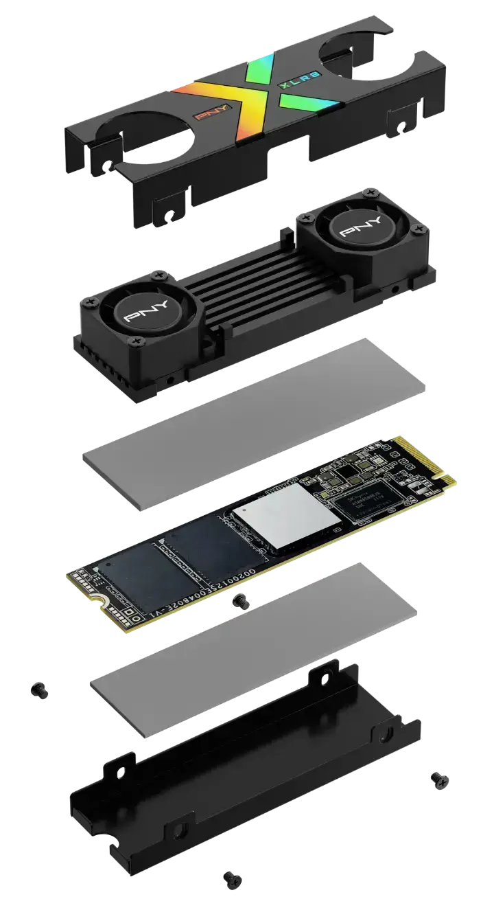 Deconstructed view of PNY CS3150 XLR8 1TB Gen 5 NVMe SSD showcasing M.2 form factor, NAND flash memory modules, controller chip, and dual-fan heatsink.