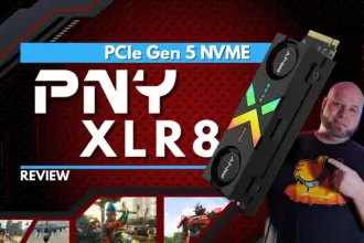 Martin Guay pointing at the PNY CS3150 XLR8 1TB RGB Gen5 SSD with keen interest. An in-depth review.