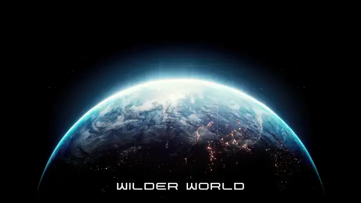 A metallic globe Wilder World, showcasing a futuristic Earth with glowing continents.