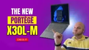 Person pointing to the dynabook portégé x30l-m, emphasizing its lightweight design and professional appeal.