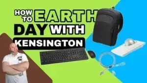 Kensington eq line sustainable tech accessories including a rechargeable wireless mouse, pcr-built keyboard, and a laptop backpack made from recycled plastic, celebrating earth day 2025.