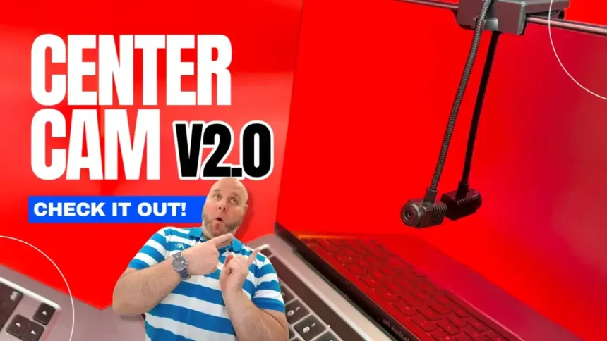 Center cam v2. 0 middle-screen black webcam for eye contact video calls, shown on a fire engine red background