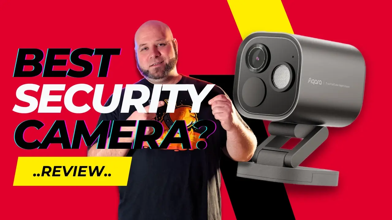 Reviewer pointing at the aqara camera hub g5 pro with text asking ‘best security camera? ’ used as the featured hero image for an in-depth 2025 smart home security review.