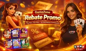 Gamezone rebate promo vip rewards system showing cashback, bonuses, and online gaming progression