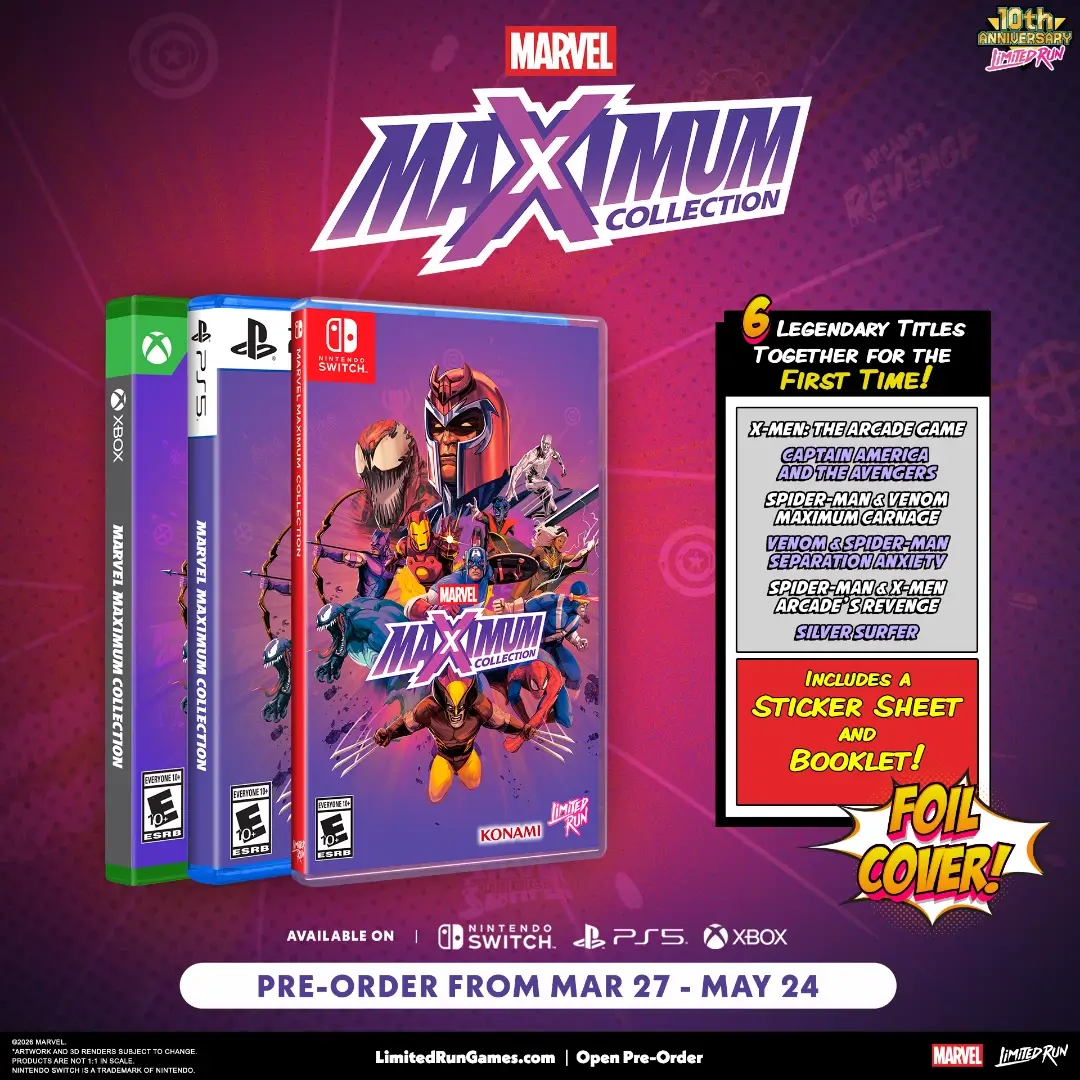 Marvel maximum collection standard edition box art showing x-men arcade, maximum carnage, and other classic marvel games for switch ps5 and xbox