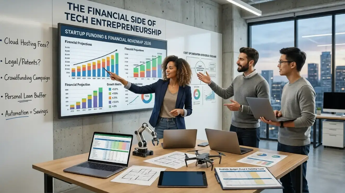 Entrepreneur planning tech startup funding and financial strategy on laptop with charts and budget data