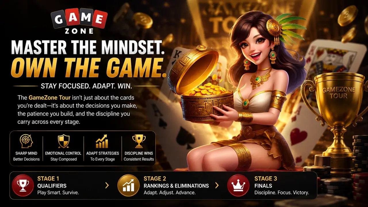 Mastering the Mindset of a GameZone Tour Player: Staying Focused Across Stage | Smart Tech, Sharp Takes - CRYOVEX.com Inspirational gamezone tour tongits banner featuring competitive tournament strategy, emotional control, player discipline, and focus across every tournament stage.