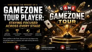 Gamezone tour hero banner featuring competitive tongits tournament visuals, strategic gameplay themes, emotional control, and player mindset concepts.