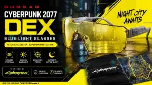 Gunnar Cyberpunk 2077 Dex Blue Light Glasses Review (2026) | Smart Tech, Sharp Takes - CRYOVEX.com Gunnar cyberpunk 2077 dex blue light glasses hero banner with futuristic night city design and cryovex watermark