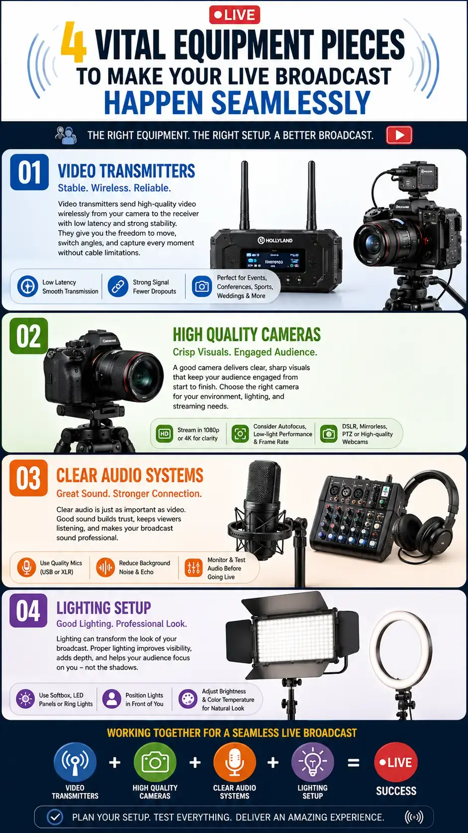 4 Vital Equipment Pieces To Make Your Live Broadcast Happen Seamlessly | Smart Tech, Sharp Takes - CRYOVEX.com Vertical infographic showing four essential live broadcast equipment categories including video transmitters, high-quality cameras, clear audio systems, and professional lighting setup for seamless livestreaming.