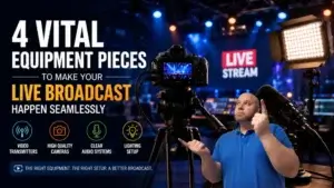 Professional live broadcast studio setup featuring a camera, microphone, led lighting, and video transmitter for seamless livestream production.