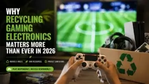 Old gaming consoles and accessories prepared for electronics recycling and e-waste reduction